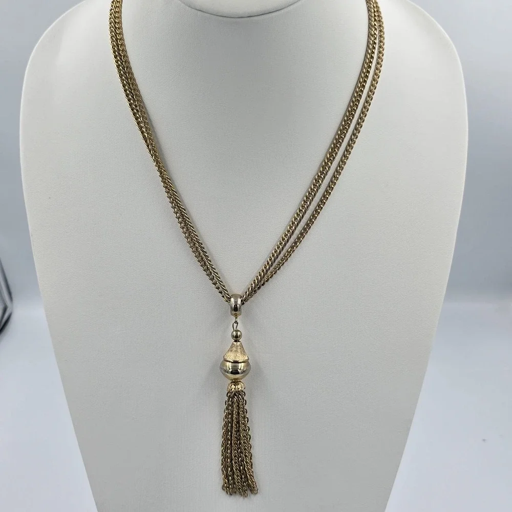 Vintage Tassel Double Chain Necklace Layered Two Tone 20
